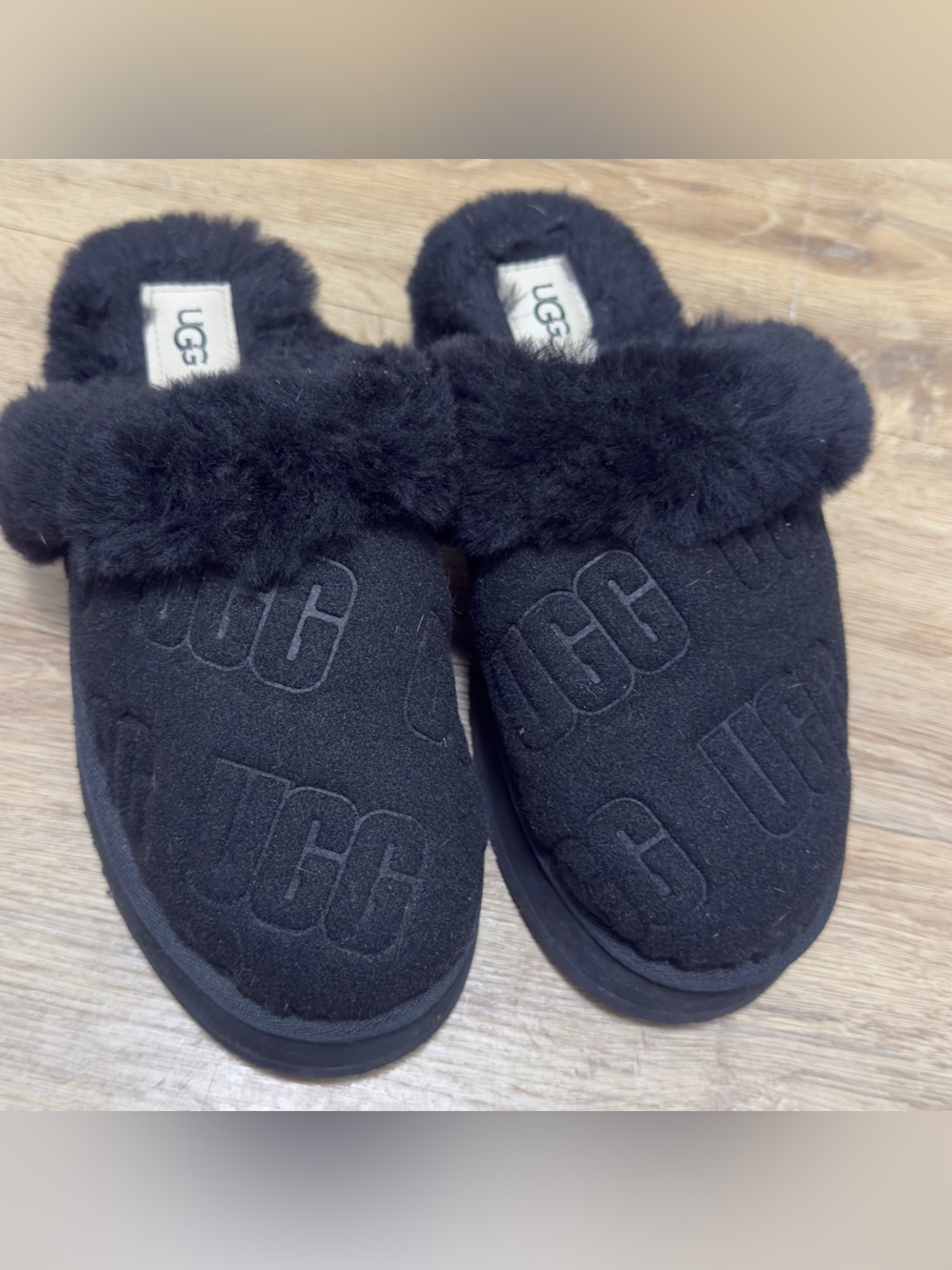 UGG Black Plush Logo Slide Slippers